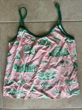 XS Green Trim Pink Scenic Print Cami Tank Top
